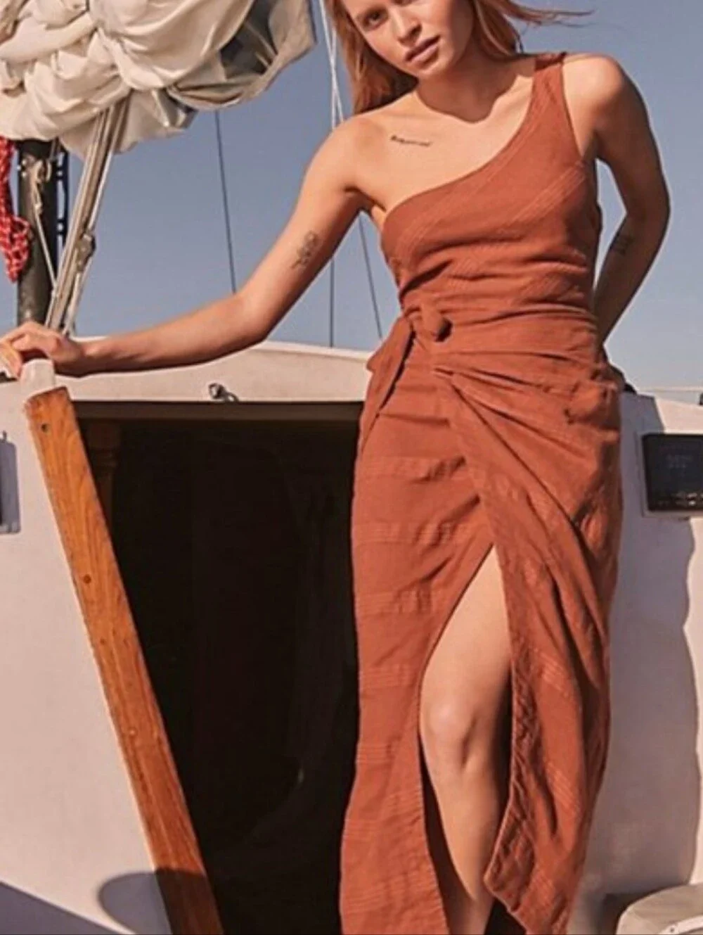 Free People One-Shoulder Wrap Dress in Rust - Picture 1 of 10